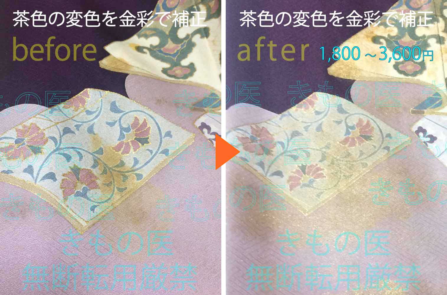 着物の変色を染み抜きではなく格安柄足し・金彩加工で安く解決できたビフォーアフター画像